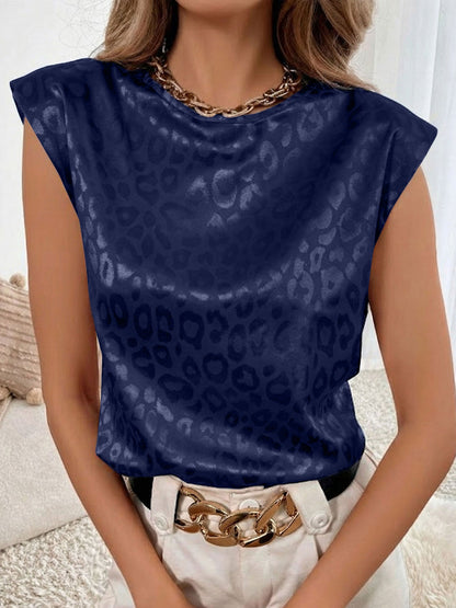 Leopard Print Satin Cap Sleeve Round Neck Blouse