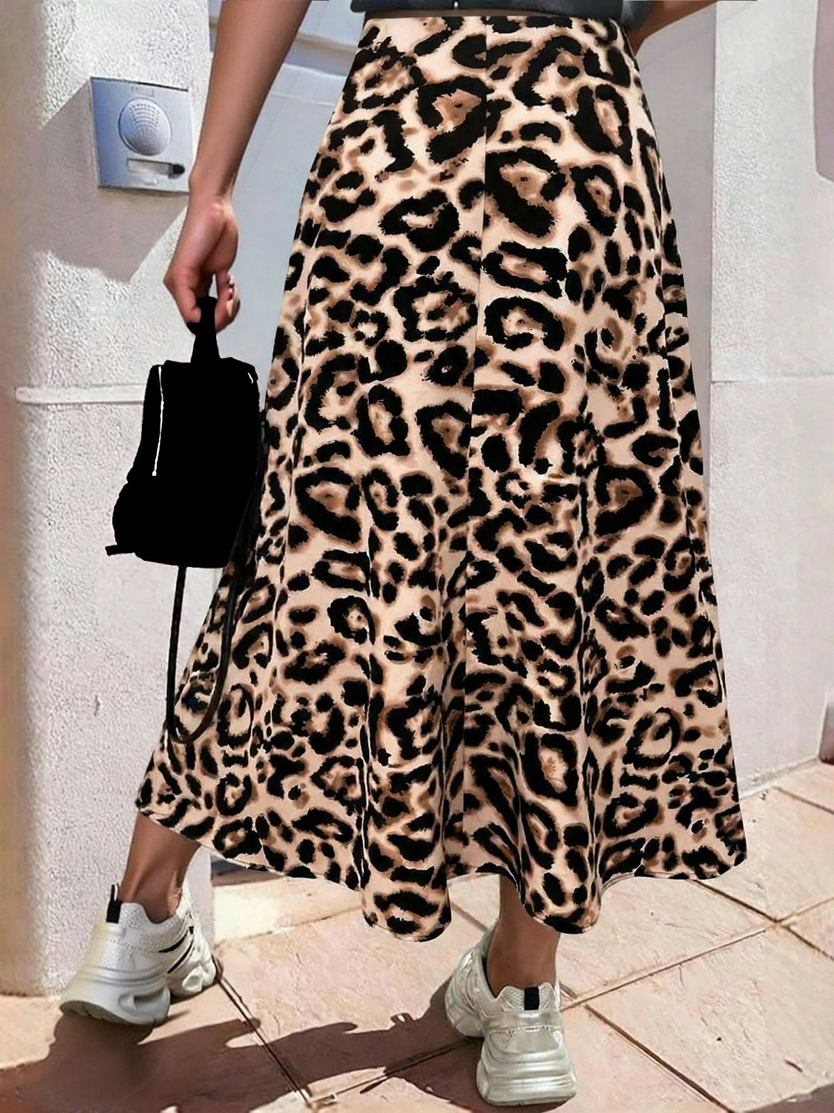 Leopard Print Casual A-Line Midi Skirt