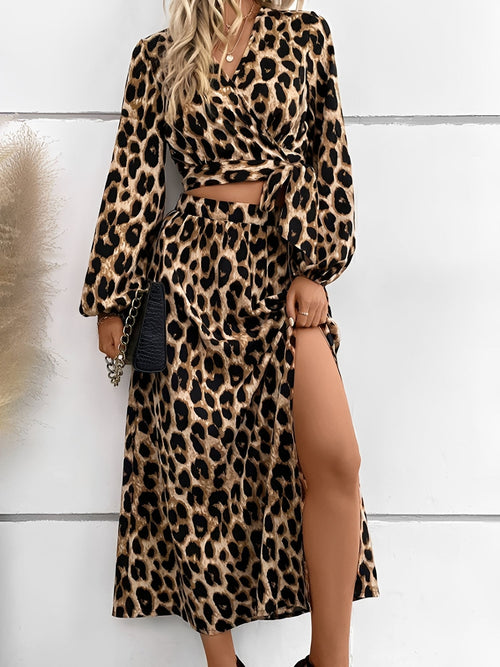 2 Pieces Leopard Print Puff Sleeves Cropped Top & Slit Midi Skirt Matching Set