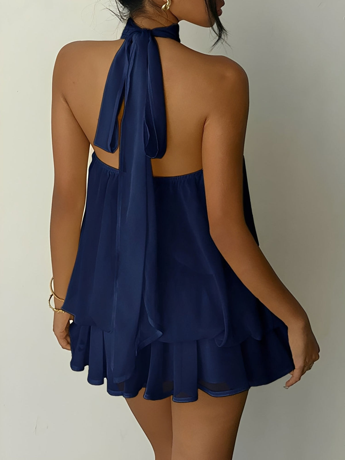 Backless Halter Neck Ruffled Sleeveless Mini Dress