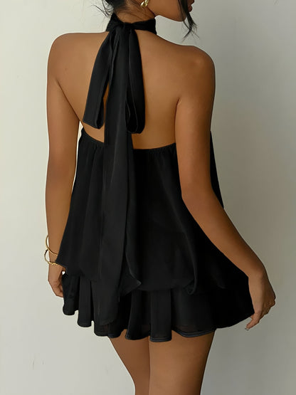 Backless Halter Neck Ruffled Sleeveless Mini Dress