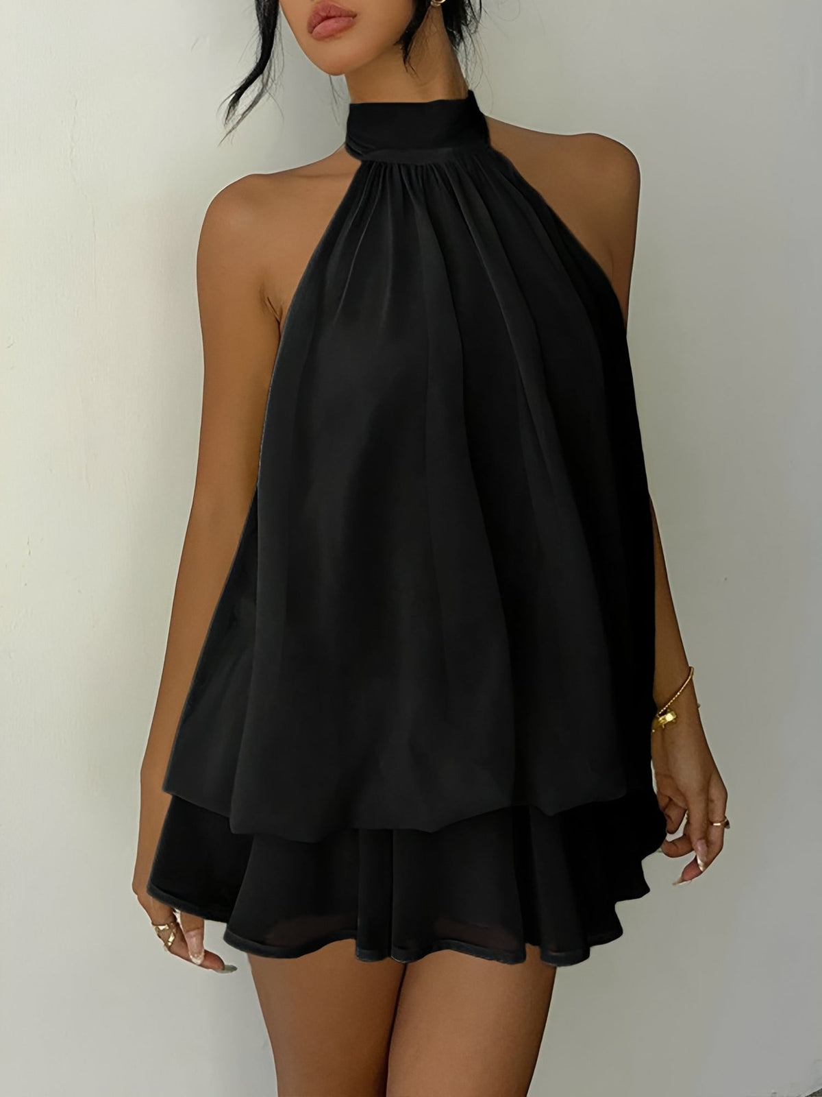 Backless Halter Neck Ruffled Sleeveless Mini Dress