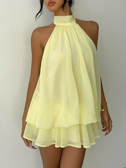 Backless Halter Neck Ruffled Sleeveless Mini Dress