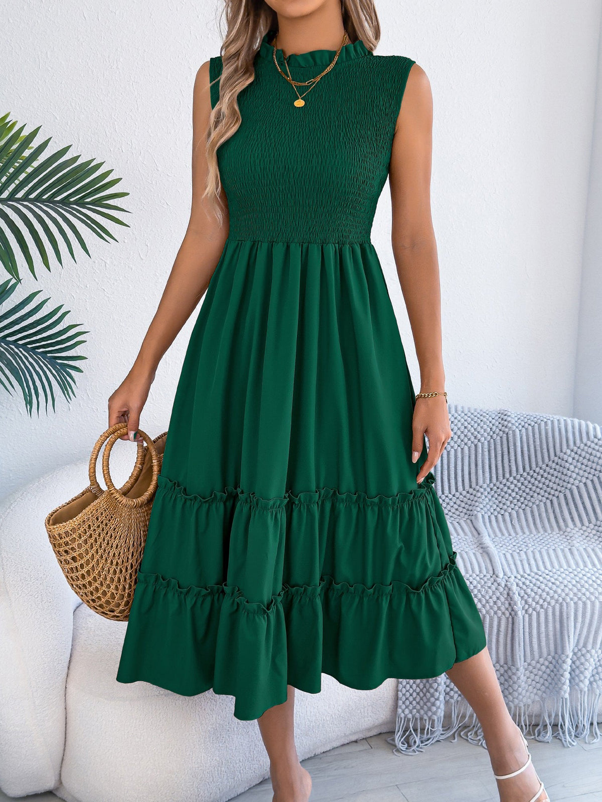 Ruffled Sleeveless Smocked Tiered A-Line Midi Dress