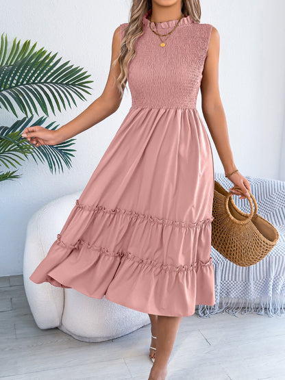 Ruffled Sleeveless Smocked Tiered A-Line Midi Dress