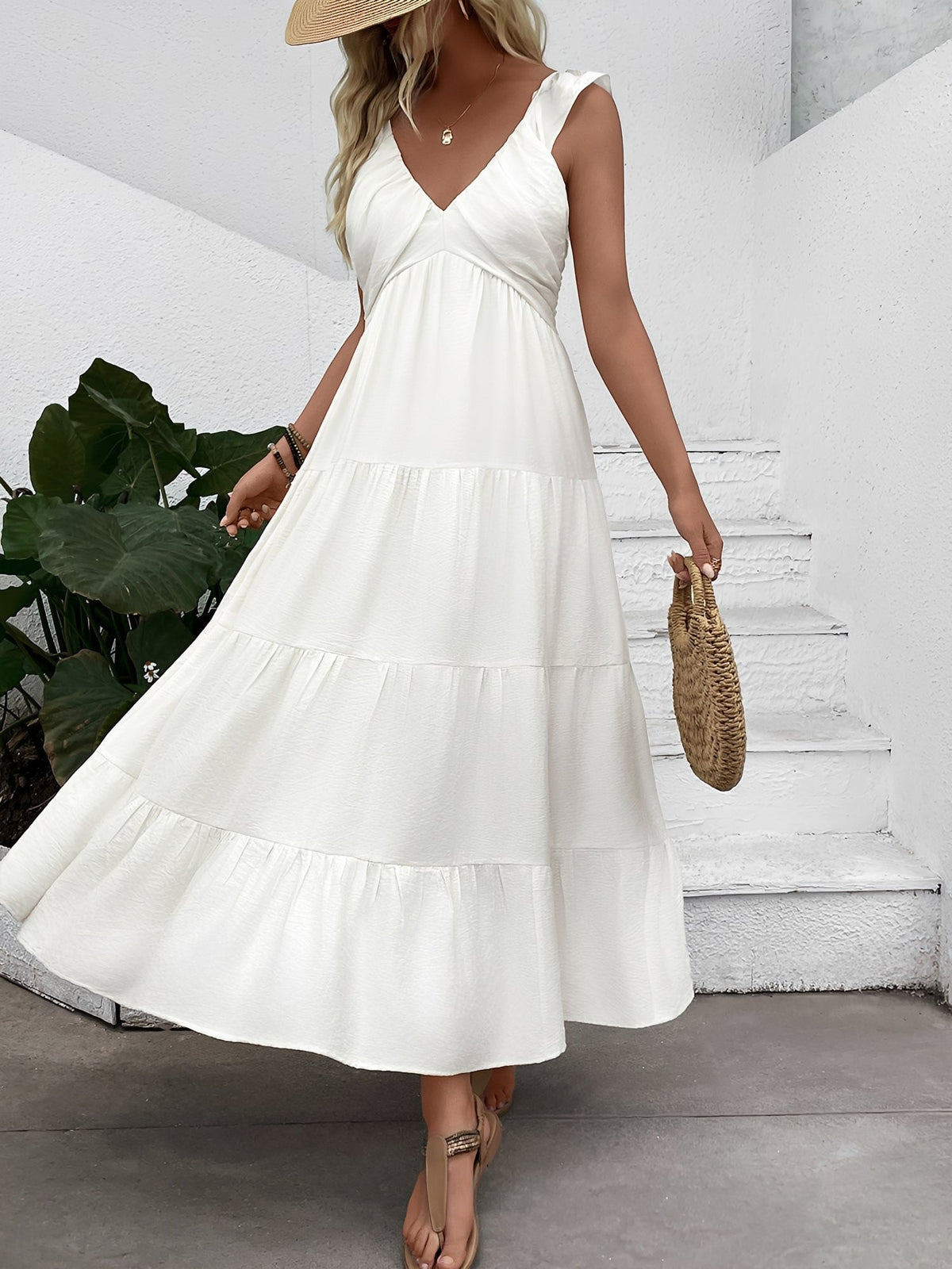 Resort Style Sleeveless V Neck Tiered Long Dress