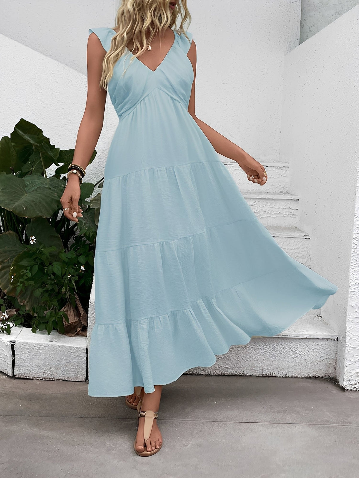 Resort Style Sleeveless V Neck Tiered Long Dress