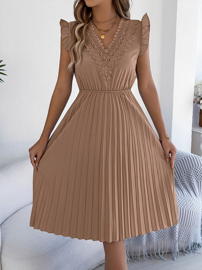 Lace Trim V Neck Ruffled Cap Sleeves Pleated A-Line Dress