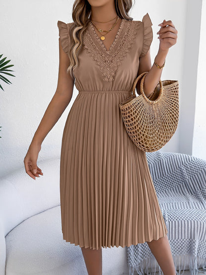 Lace Trim V Neck Ruffled Cap Sleeves Pleated A-Line Dress
