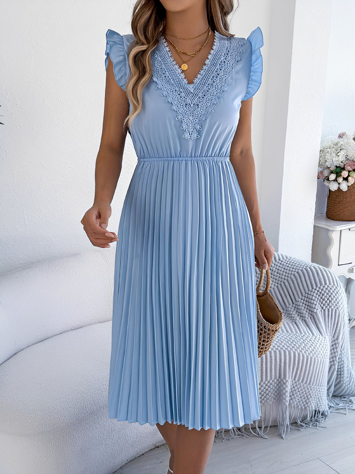 Lace Trim V Neck Ruffled Cap Sleeves Pleated A-Line Dress
