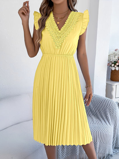 Lace Trim V Neck Ruffled Cap Sleeves Pleated A-Line Dress