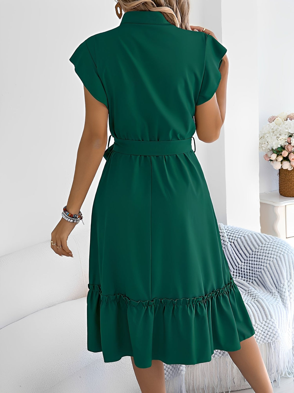 Stand Collar Ruffle Tie-Waist Midi Shirt Dress