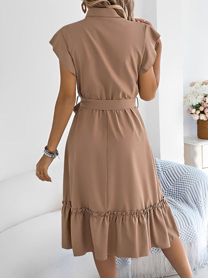 Stand Collar Ruffle Tie-Waist Midi Shirt Dress
