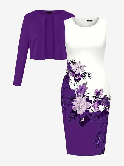 2 Pieces Long Sleeves Cropped Jacket & Sleeveless Printed Midi Sheath Dress Matching Set