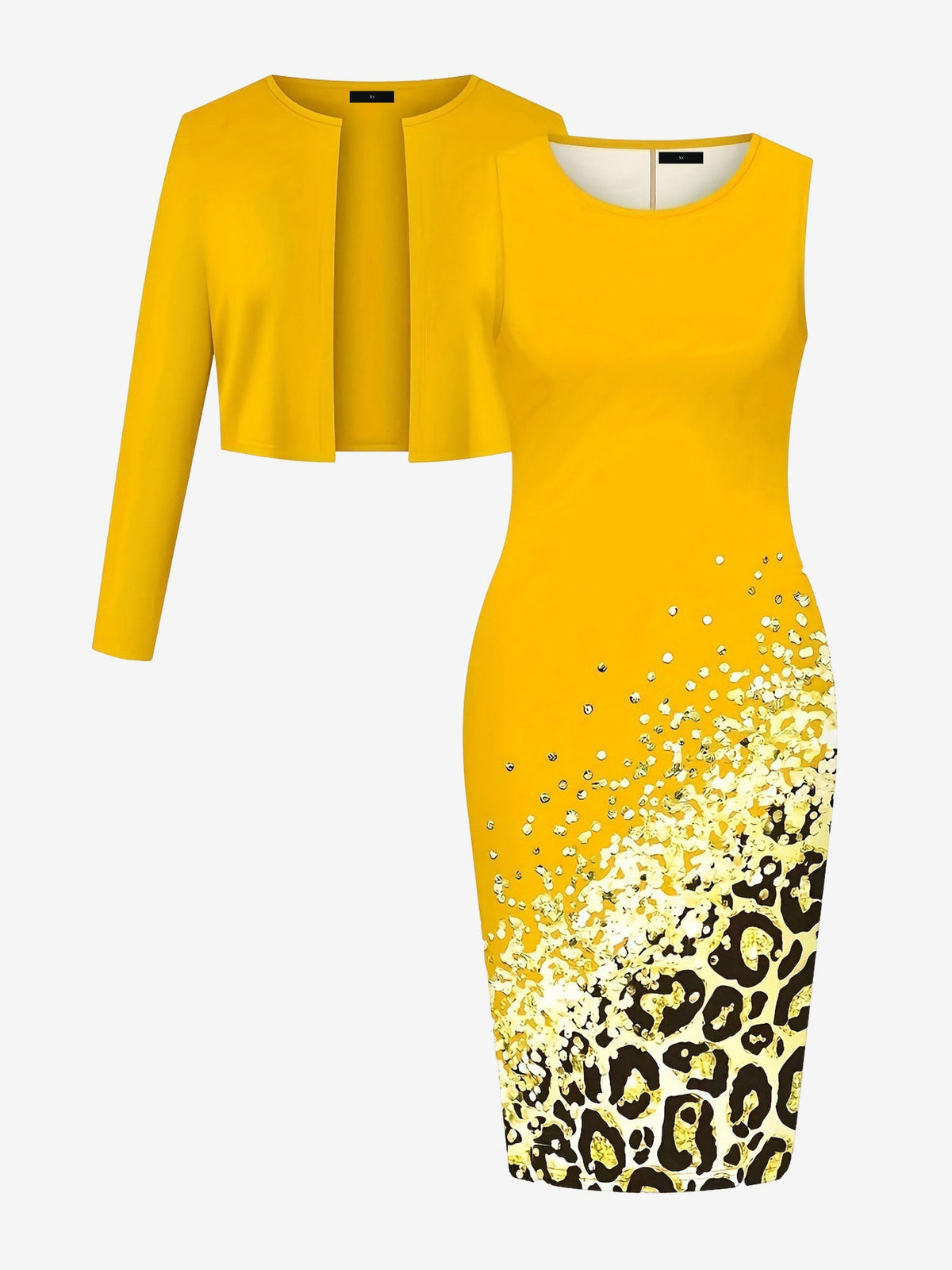 2 Pieces Long Sleeves Cropped Jacket & Sleeveless Printed Midi Sheath Dress Matching Set
