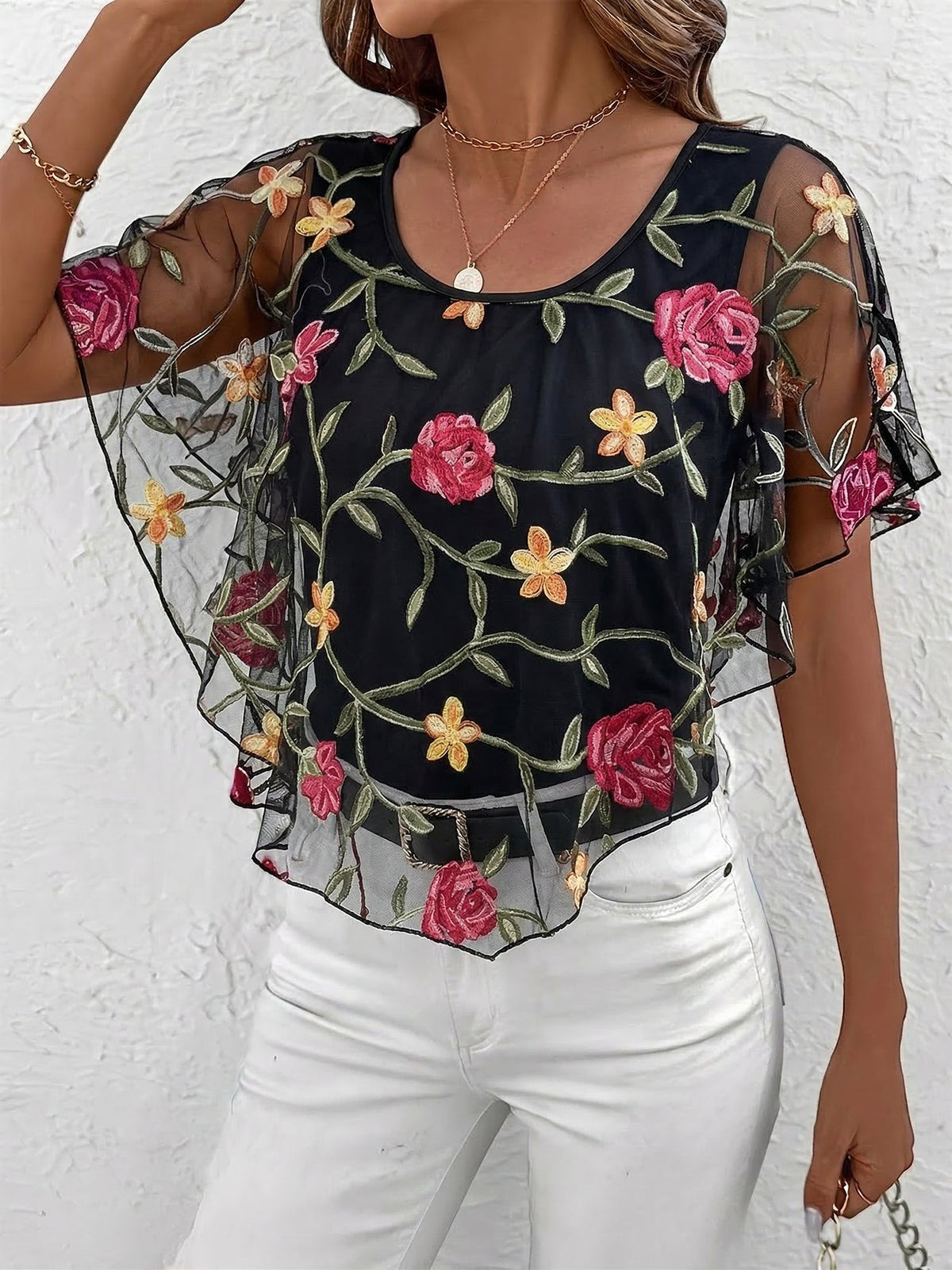 Mesh Ruffled Floral Embroidered Cape Sleeves Blouse