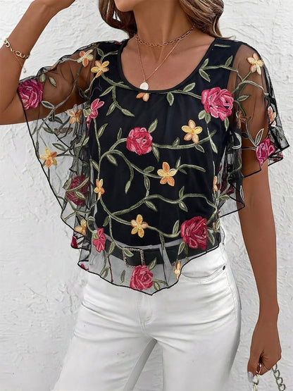 Mesh Ruffled Floral Embroidered Cape Sleeves Blouse
