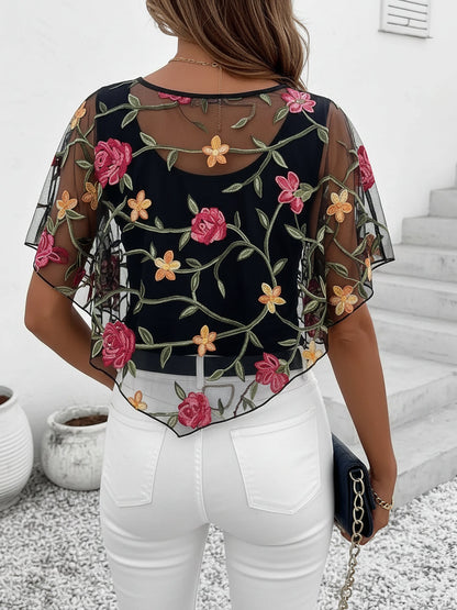 Mesh Ruffled Floral Embroidered Cape Sleeves Blouse