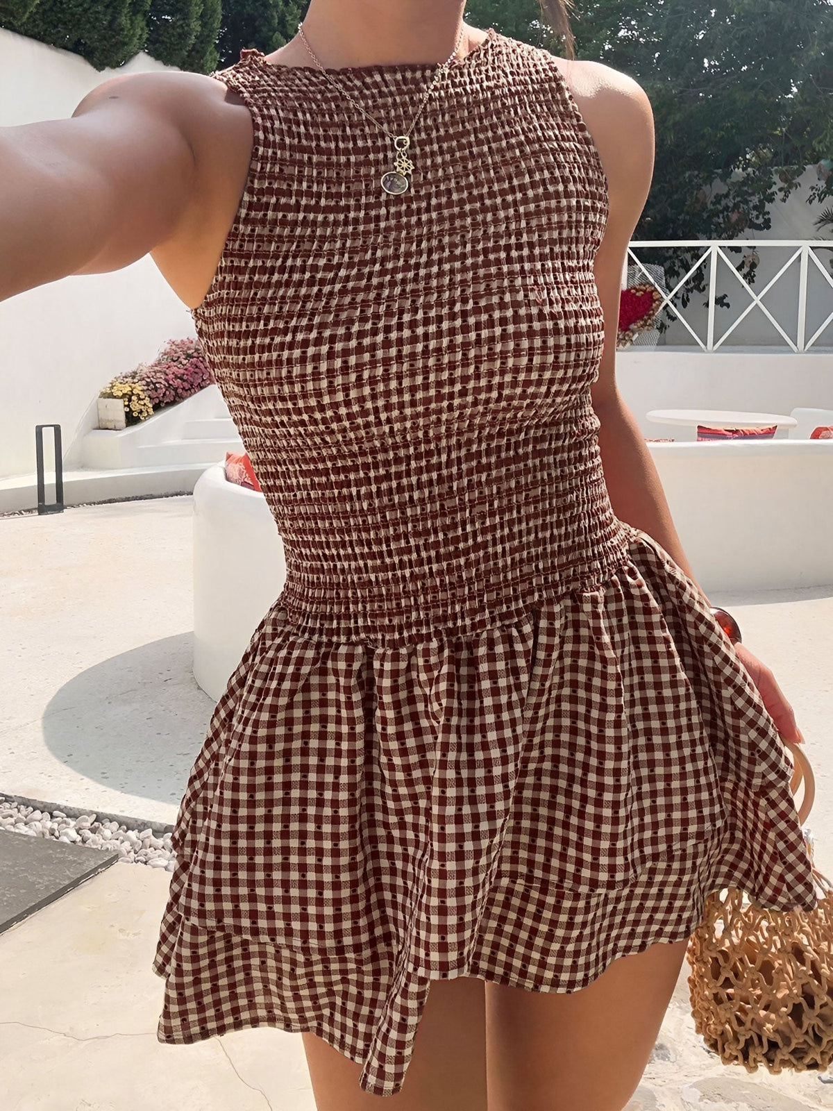 Gingham Smocked Sleeveless Ruffled Layered Mini Dress