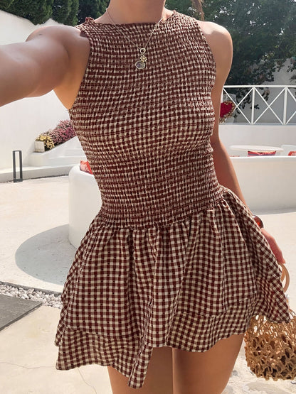 Gingham Smocked Sleeveless Ruffled Layered Mini Dress