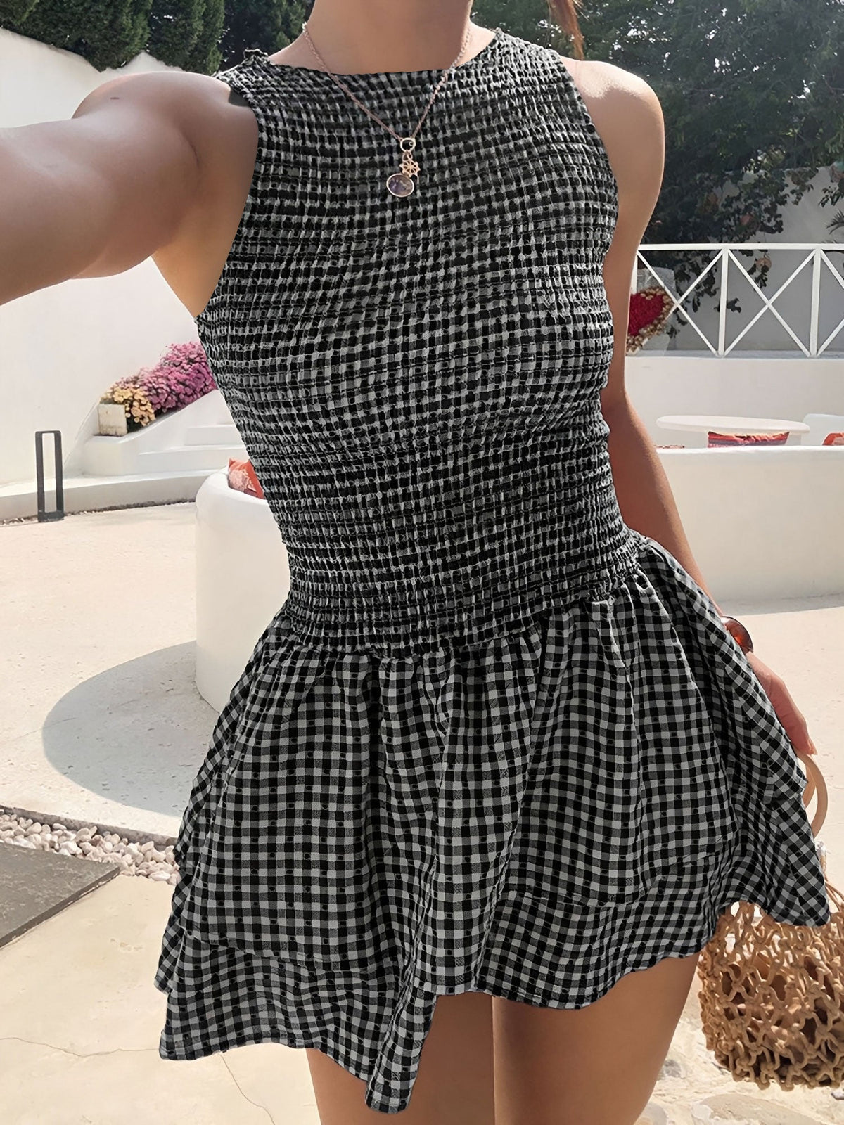 Gingham Smocked Sleeveless Ruffled Layered Mini Dress