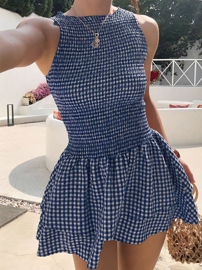 Gingham Smocked Sleeveless Ruffled Layered Mini Dress