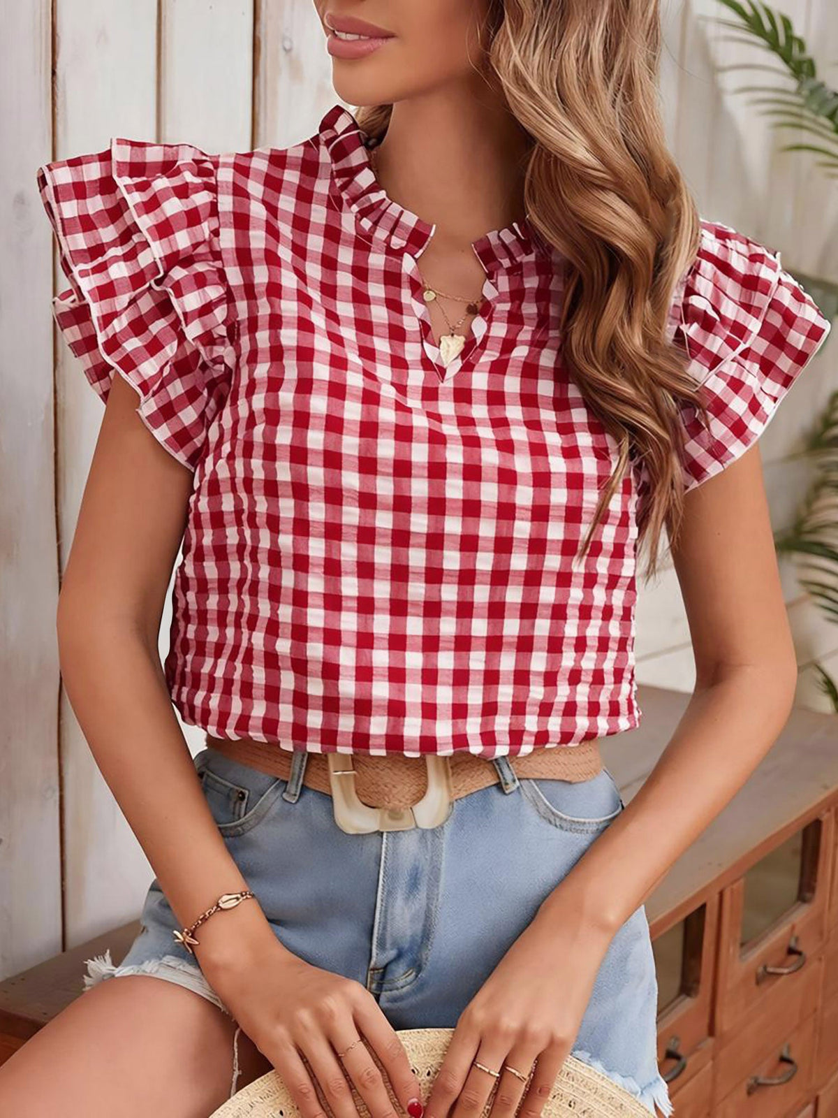 Gingham Double-Layer Ruffled Sleeves Blouse