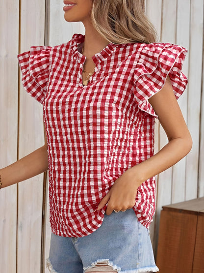 Gingham Double-Layer Ruffled Sleeves Blouse