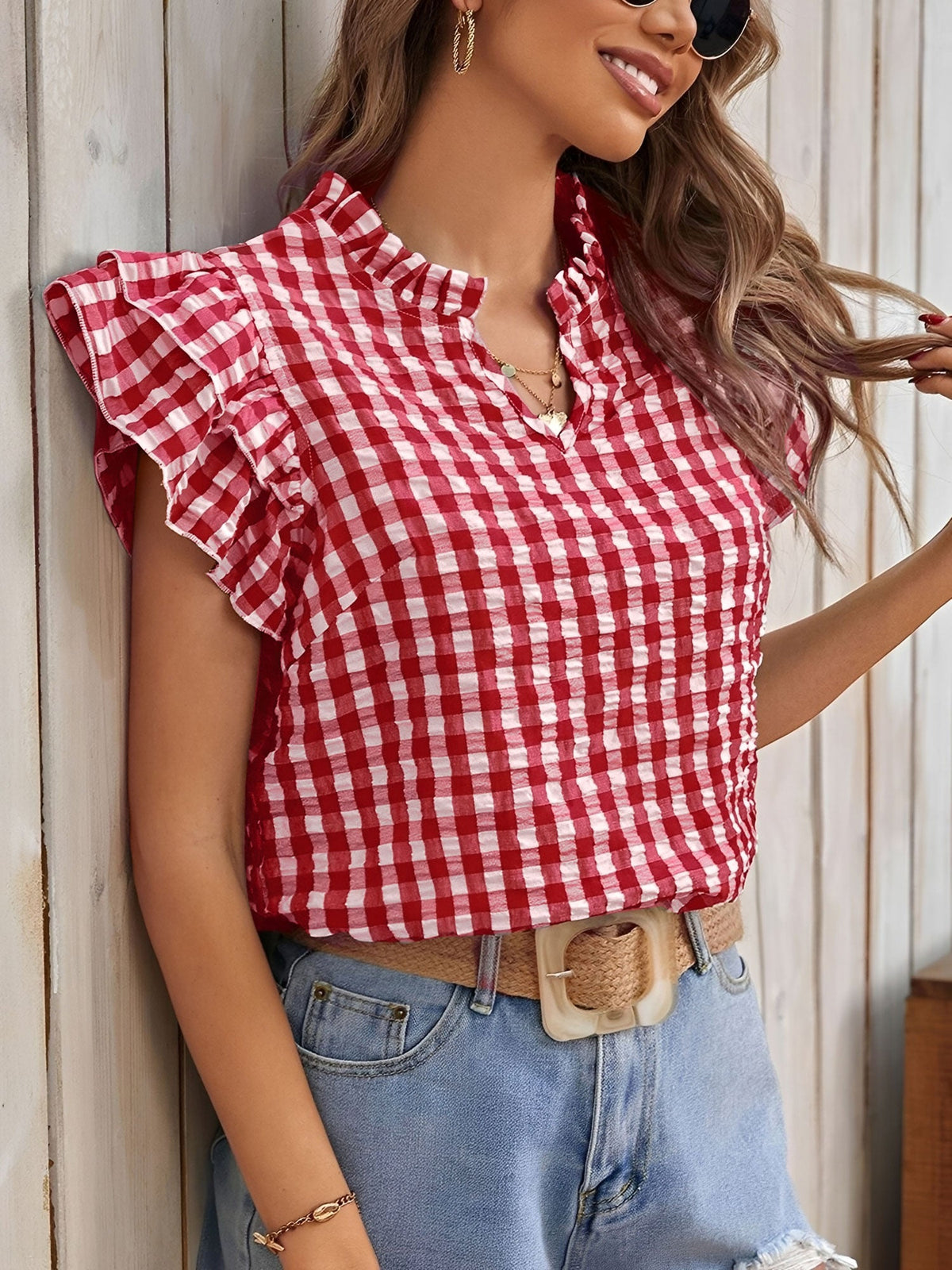 Gingham Double-Layer Ruffled Sleeves Blouse