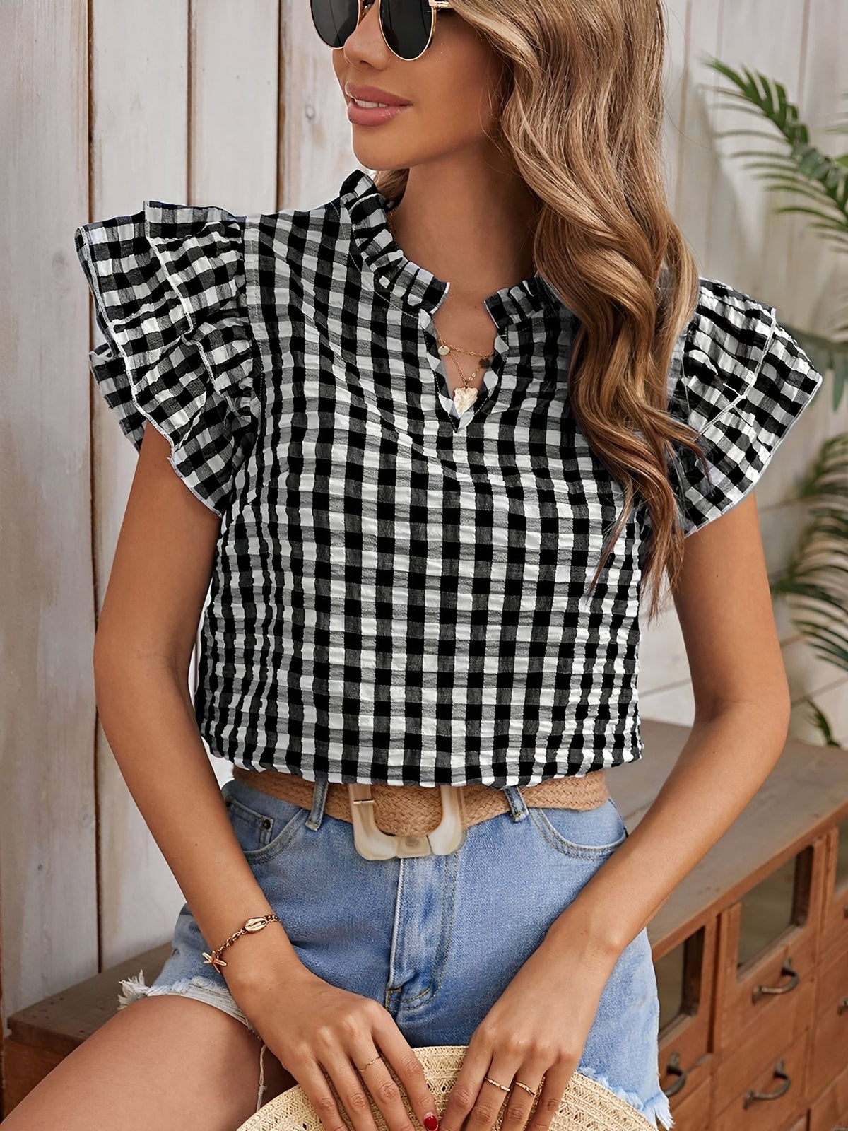 Gingham Double-Layer Ruffled Sleeves Blouse