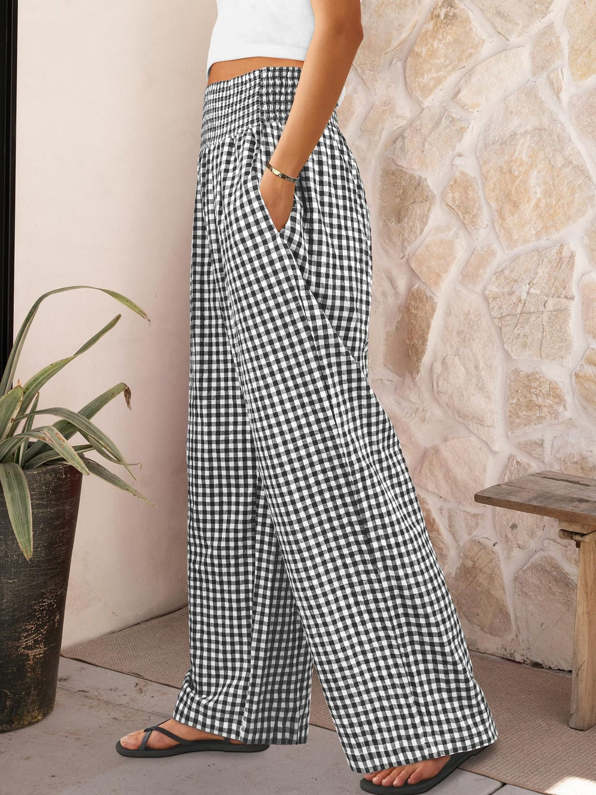 Gingham Elastic Waist Pocket Wide Legs Long Trousers Pants