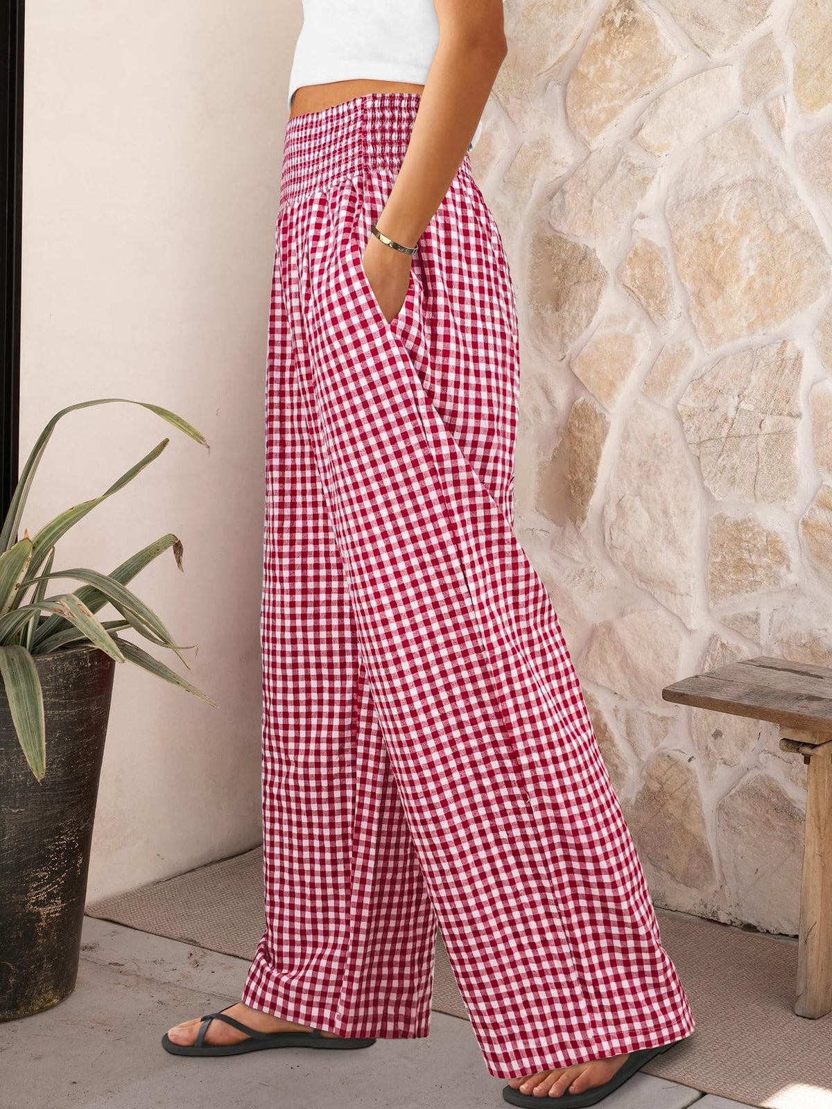 Gingham Elastic Waist Pocket Wide Legs Long Trousers Pants