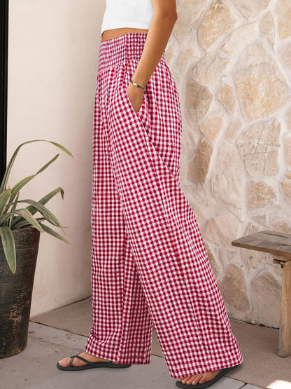 Gingham Elastic Waist Pocket Wide Legs Long Trousers Pants