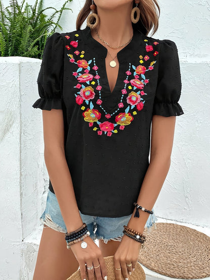 Floral Embroidered Swiss Dots Puff Sleeves Blouse