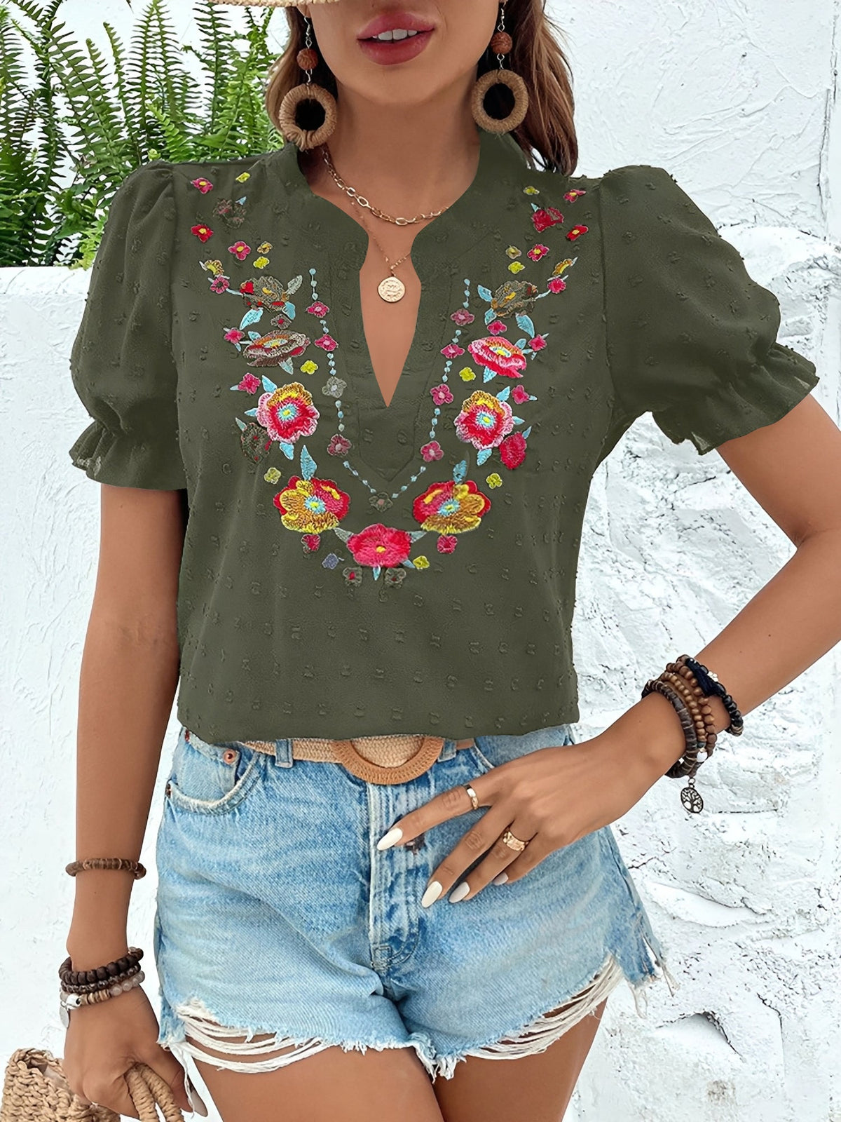 Floral Embroidered Swiss Dots Puff Sleeves Blouse