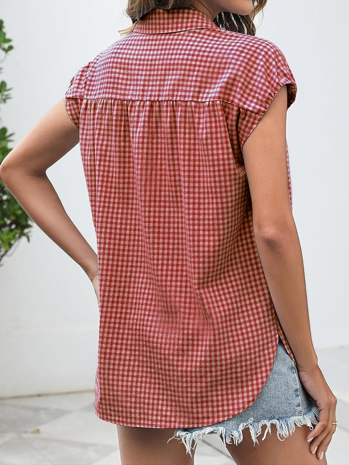 Gingham Button Down Cap Sleeve Blouse