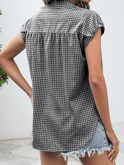 Gingham Button Down Cap Sleeve Blouse