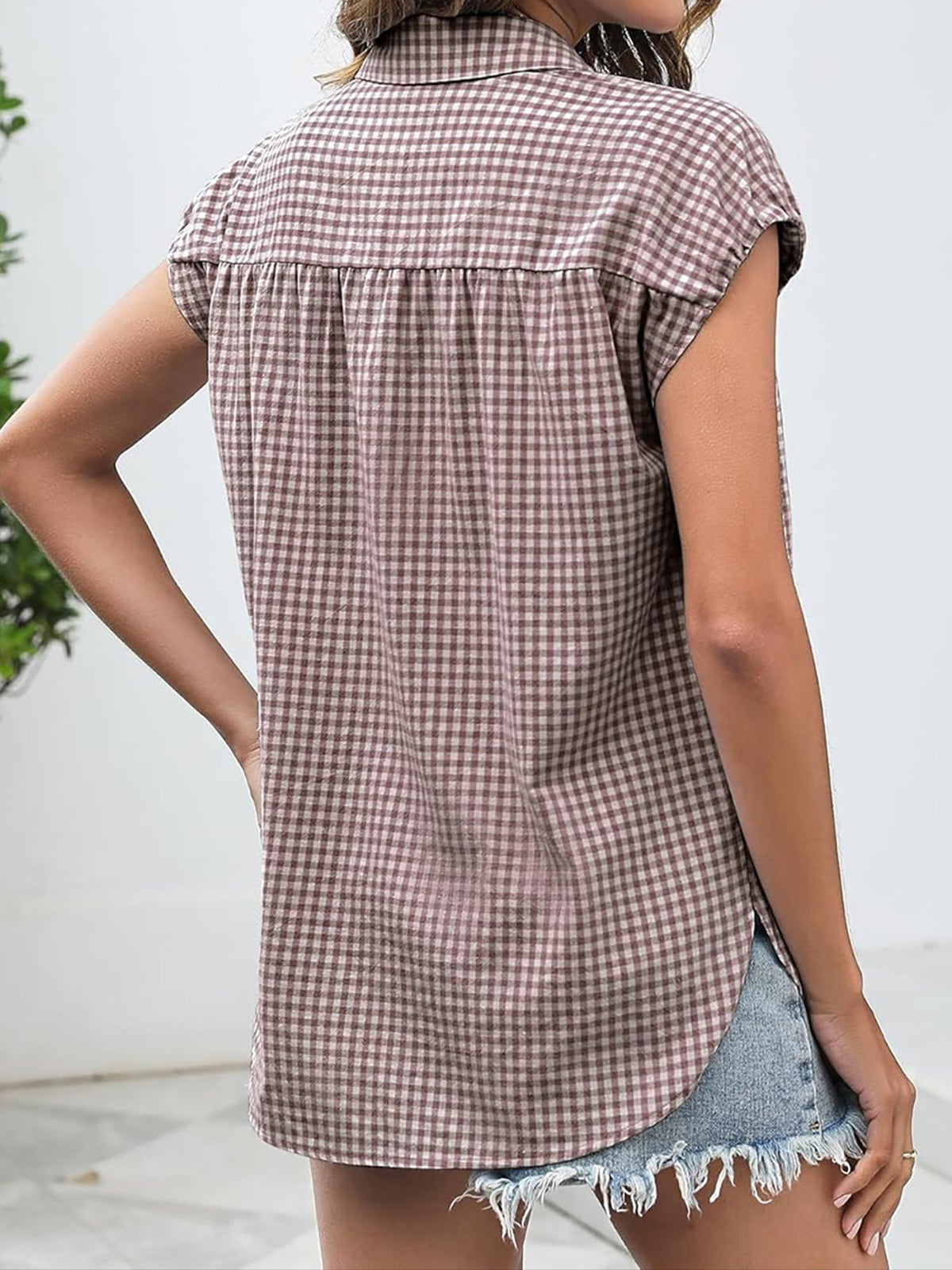 Gingham Button Down Cap Sleeve Blouse