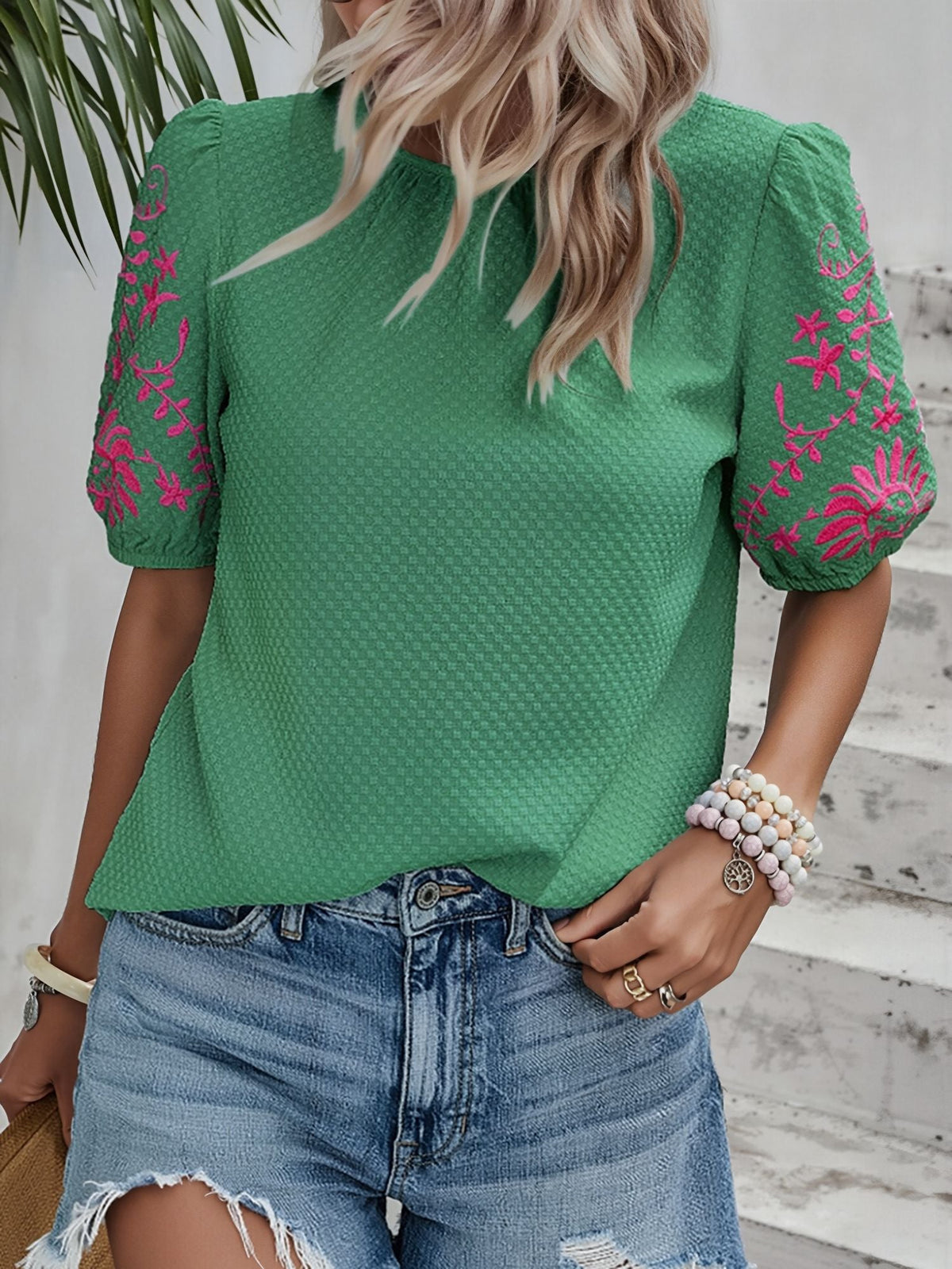 Floral Embroidered Round Neck Puff Short Sleeve Blouse