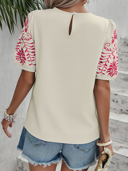 Floral Embroidered Round Neck Puff Short Sleeve Blouse