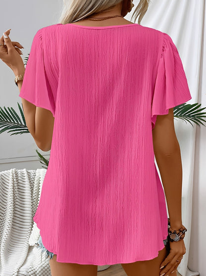 Square Neck Crochet Floral Short Sleeve Blouse