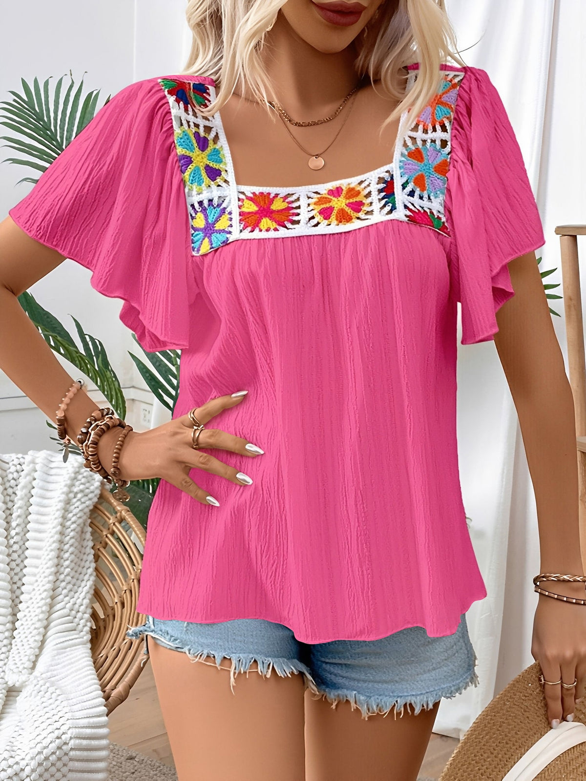 Square Neck Crochet Floral Short Sleeve Blouse