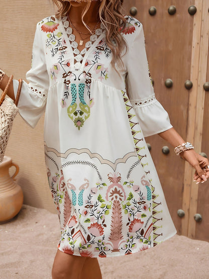Bohemian 3/4 Bell Sleeve Floral Printed Resort Dress