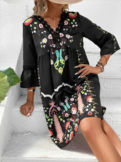 Bohemian 3/4 Bell Sleeve Floral Printed Resort Dress