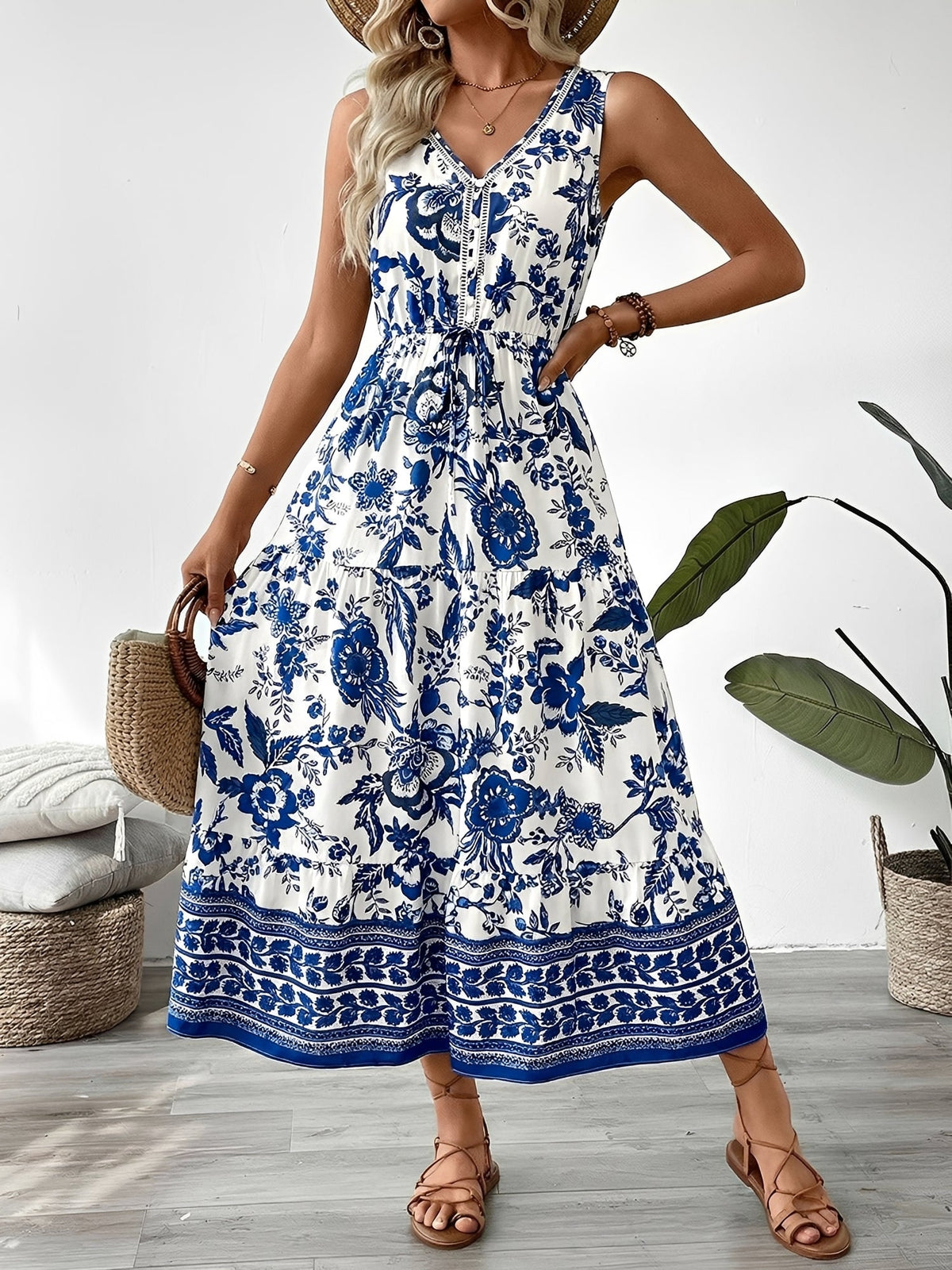 Vacation V Neck Sleeveless Boho Print Midi Dress