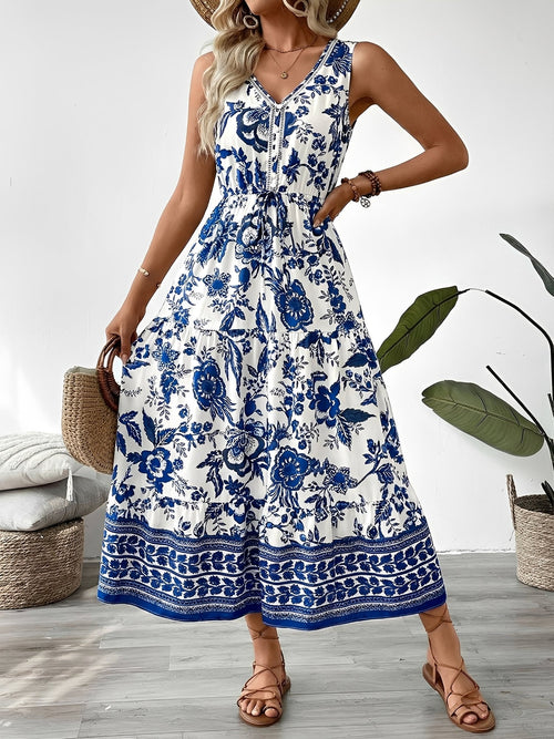 Vacation V Neck Sleeveless Boho Print Midi Dress