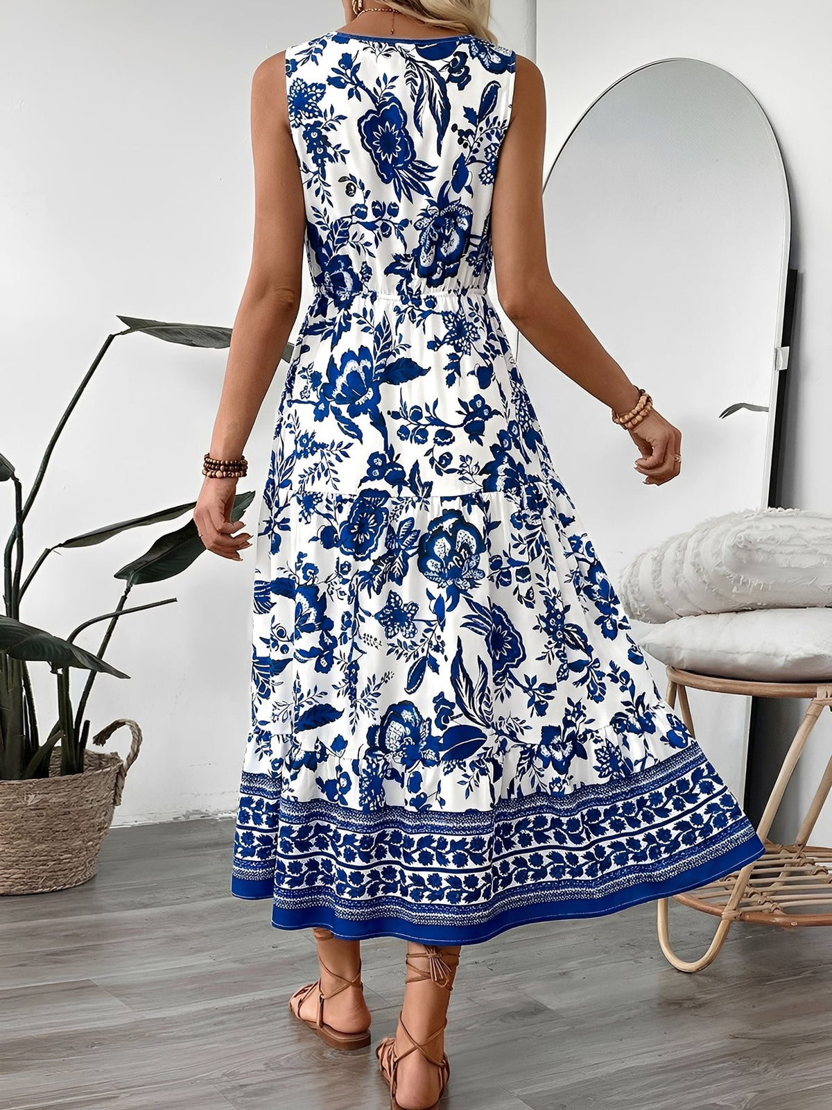 Vacation V Neck Sleeveless Boho Print Midi Dress