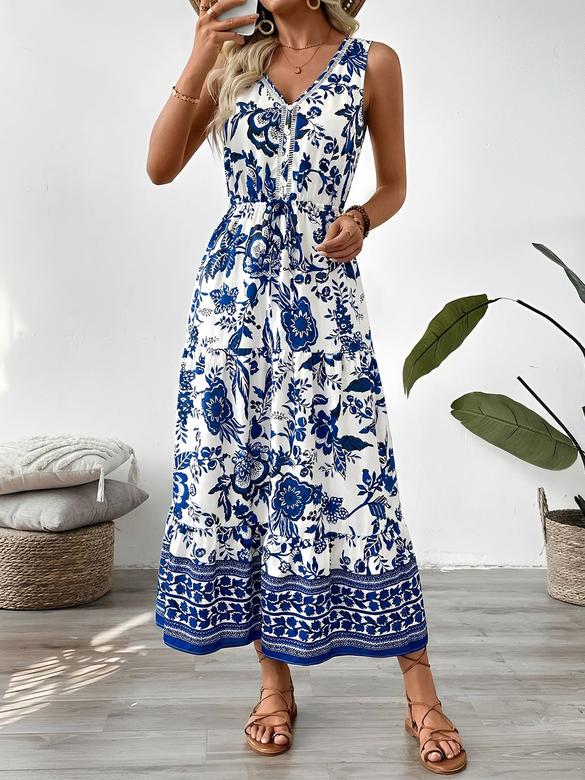 Vacation V Neck Sleeveless Boho Print Midi Dress