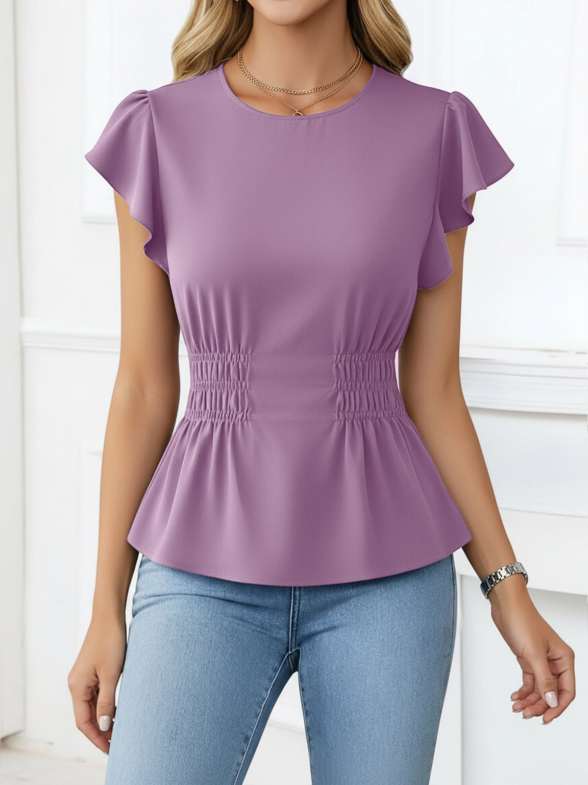 Cotton Round Neck Ruffled Sleeves Smocked Waist Blouse