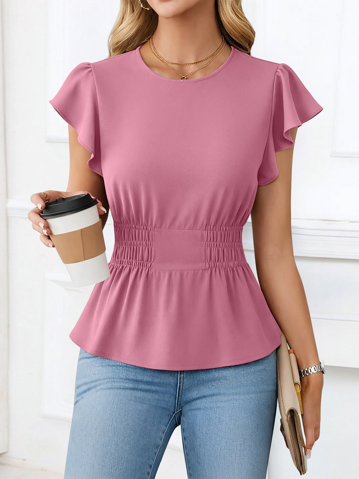 Cotton Round Neck Ruffled Sleeves Smocked Waist Blouse